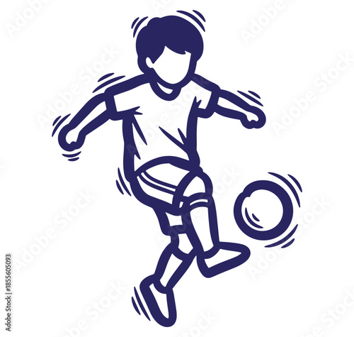 Illustration of a boy kicking a soccer ball in a dynamic and energetic pose