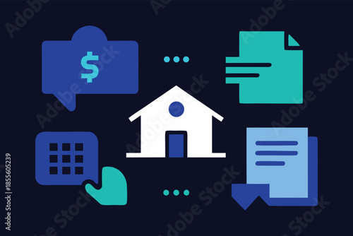 Real Estate Management and Digital Mortgage Concept: Property Finance, Home Investment, and Document Processing Illustration