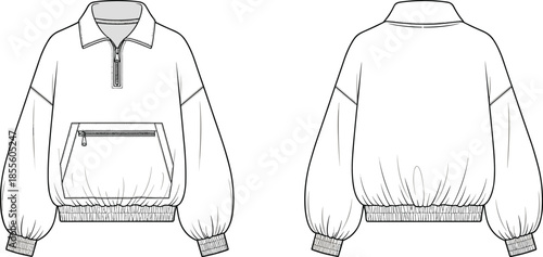 Pullover fashion sketch, half-zip neckline, kangaroo pocket, ribbed cuffs and hem, technical illustration, garment design, vector views