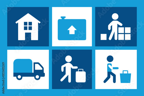 Moving House and Logistics Service Icons Set: Professional Relocation, Packing, and Delivery Concept