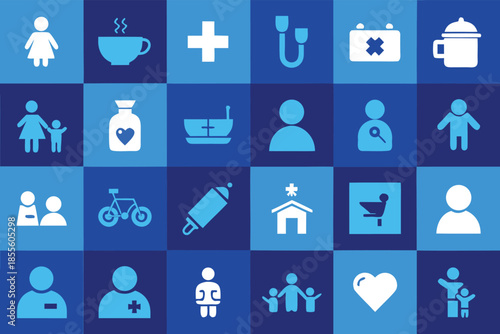 Medical and Social Care Icon Set: Healthcare, Family Support, and Community Service Symbols on Blue Grid Background