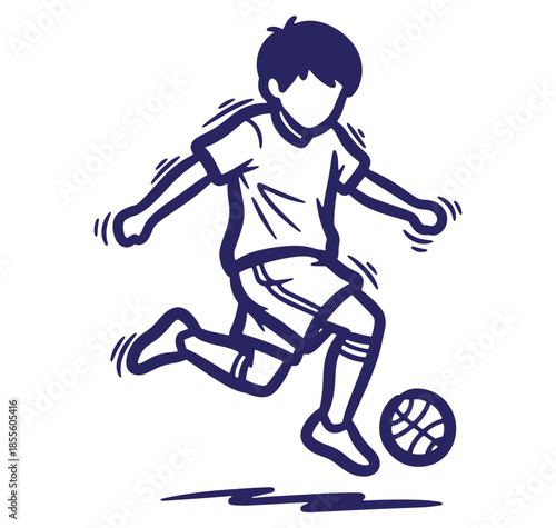 Simple line illustration of a young boy kicking a soccer ball in motion