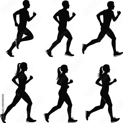 Running silhouette, athletic motion, male runner, female runner, fitness vector, jogging pose, dynamic stride, sports figure, black artwork, runner icon, exercise illustration, training graphic, 