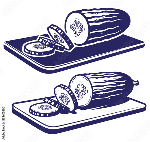 Sliced cucumber on a cutting board vector illustration in a simple linocut style
