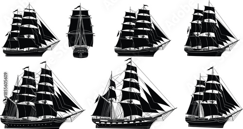 Black silhouette vector of clipper sailing ships from multiple angles with detailed rigging for maritime history, naval design, and illustration use.