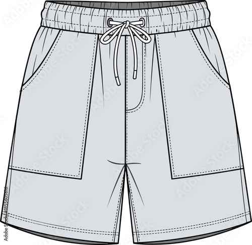 Shorts fashion sketch, elastic waistband, drawstring tie, patch pockets, side seam detail, technical illustration, garment design vector view