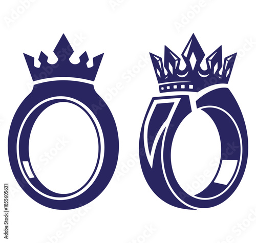 Two stylized vector illustrations featuring a crowned ring design in navy blue on a white background