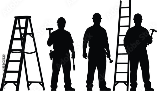 Black Silhouette Vector of Construction Workers with Tools and Ladders Representing Labor, Safety, Manual Work, Building, and Industrial Activity