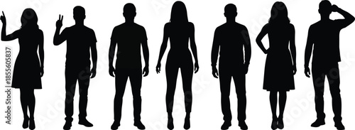 Silhouette figures, human gesture diversity, standing poses, male female mix, fashion sketch, posture study, vector illustration, character modeling, black white