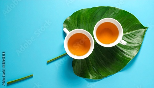 Two cups of tea on a large green leaf, set against a vibrant blue background, creating a refreshing and natural composition.