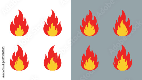 Set of vibrant fire icons, showcasing flames in red and yellow, presented on both white and grey backgrounds
