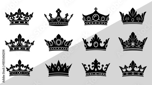 Collection of royal crowns in black and white vector illustrations representing monarchy and power