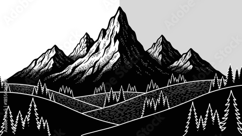 Majestic mountain range rendered in dramatic black and white, with stylized trees and rolling hills creating a striking natural landscape