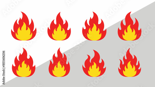 Set of eight stylized red and yellow fire icons on a plain background