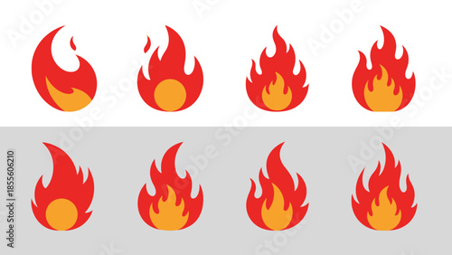 Collection of stylized flame icons in red and yellow, symbolizing heat and energy