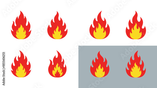 Set of stylized flame icons representing fire, heat, and energy in red and yellow colors