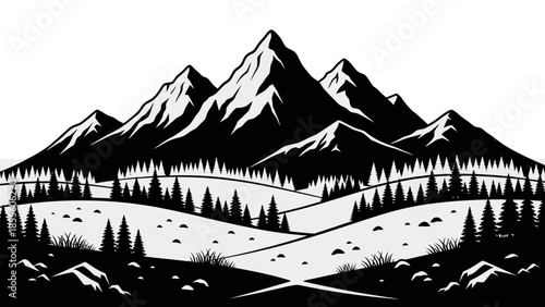 Majestic Snow-Capped Mountain Range Under a Clear Sky with Rolling Hills and Pine Trees