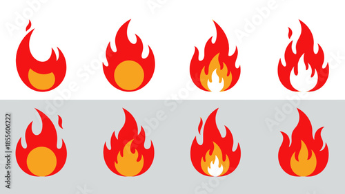 Collection of fiery flame icons representing heat, energy, and passion with a clean, modern aesthetic