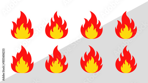 Collection of eight vibrant flame icons, each depicting a stylized representation of fire in various sizes and intensities, perfect for digital design and user interface elements