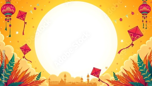Indian cultural festival celebration background with colorful flying kites, traditional lanterns with copy space in middle