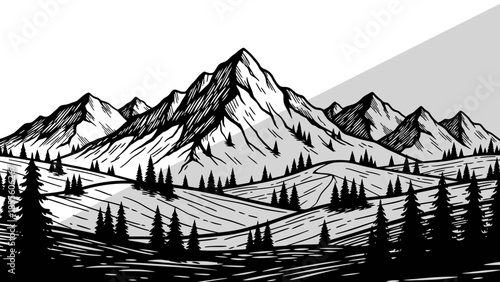 Striking black and white illustration of a majestic mountain range with rolling hills and scattered pine trees, evoking a sense of adventure and natural beauty
