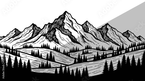 Majestic Mountain Range Illustration With Evergreen Forest Landscape And Rolling Hills Under A Dramatic Sky