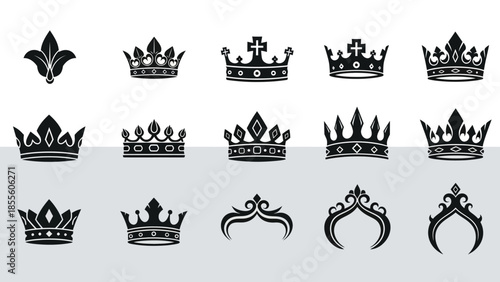 A collection of elegant and regal crowns, symbolizing power, royalty, and leadership, presented in a diverse array of designs
