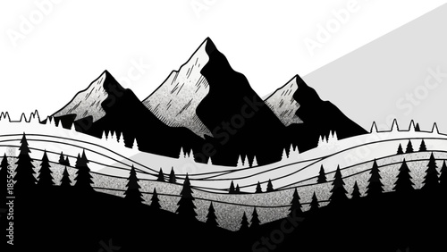 A monochrome illustration of a serene mountain landscape with rolling hills and coniferous trees under a shaded sky