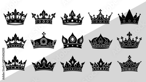 Collection of royal crowns and regal symbols representing power, authority, and monarchy, depicted in a stylized graphic design