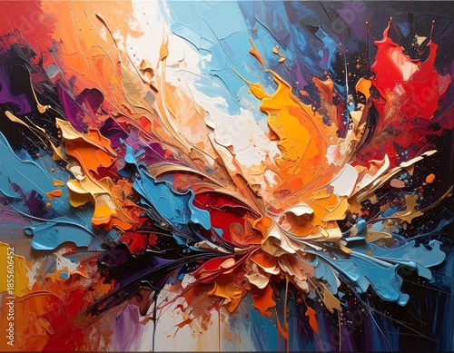 Vibrant Abstract Art - A Colorful Explosion of Textured Brushstrokes and Dynamic Forms.