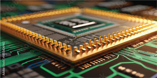 A macro close-up of a green computer motherboard reveals an intricate circuit board populated with a semiconductor CPU chip, capacitors, and electronic hardware components for processing digital data