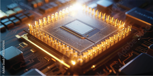 Macro shot of a high-tech electronic motherboard featuring a digital semiconductor chip and hardware components essential for modern computer engineering and data processing