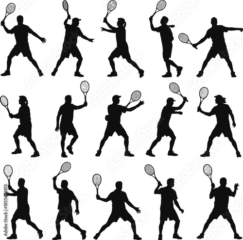Silhouettes of tennis players in various poses with rackets