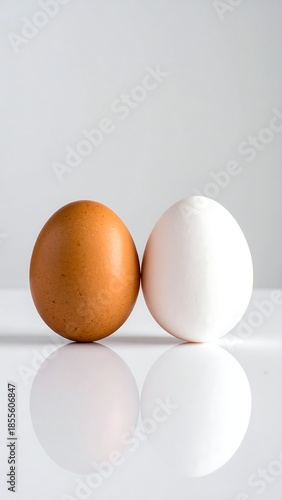 Two eggs, one brown and one white, standing side by side.