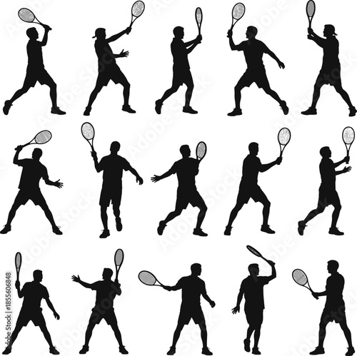 Silhouettes of Tennis Players in Action with Rackets