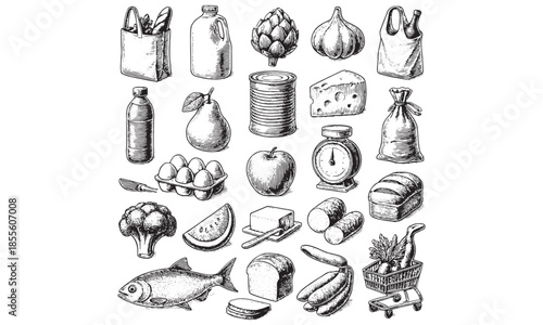 Vintage Grocery Food Staples and Market Produce Illustration Set