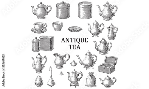 Vintage Antique Tea Set and Teaware Illustration Collection