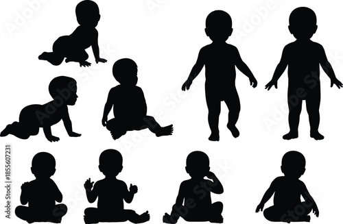 Black silhouette collection featuring happy family groups with parents holding babies, crawling infants, and various coniferous pine spruce evergreen forest trees.