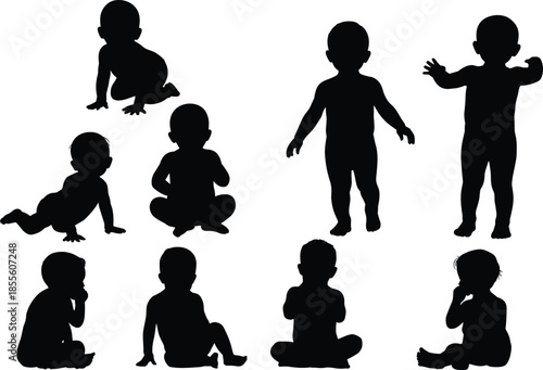 Black silhouette collection of happy families with children, infants crawling, and various coniferous pine spruce evergreen forest trees, nature vector.