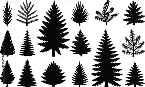 Black pine tree silhouettes collection featuring coniferous forest evergreens spruce fir branches and needles isolated on white background for nature design.