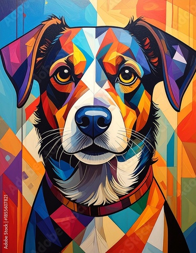 Vibrant Abstract Portrait of a Playful Dog with Colorful Geometric Patterns and Artistic Expression.