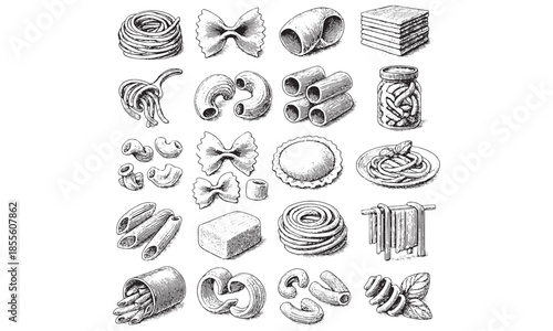 Vintage Pasta Shapes and Macaroni Noodles Illustration Set