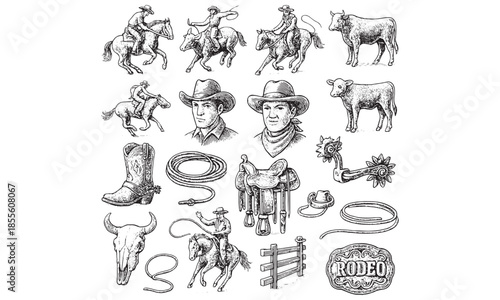 Vintage Western Cowboy Rodeo Elements Illustration Set