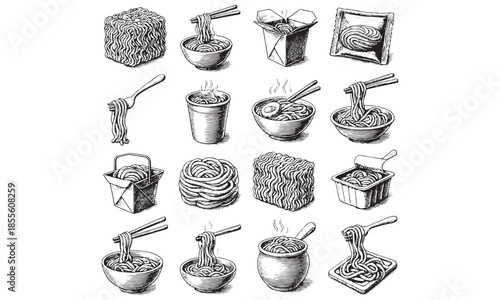 Vintage Asian Noodles Ramen Soup and Eating Utensils Illustration Set