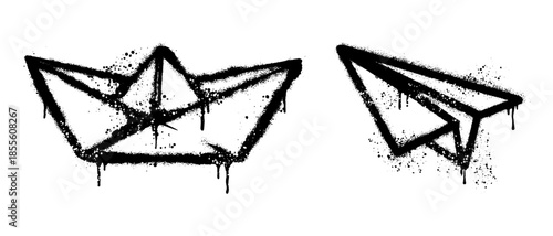 graffiti paper boat and airplane spray paint urban street art style