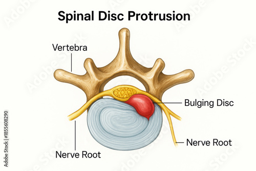 Painful spinal disc protrusion medical illustration. An educational diagram showing vertebra cross section with bulging disc compressing nerve root, detailing spine anatomy