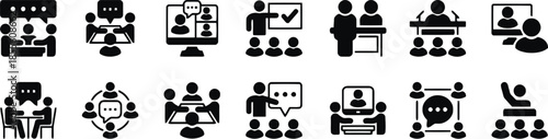 Coaching and training icon set vector illustration representing conference, presentation, communication, instruction, meeting, teamwork, learning and development