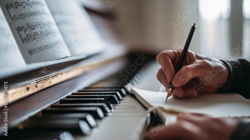 composer writing music at piano, hand writing sheet music, classical music composition
