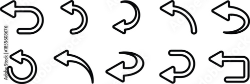 Collection of Arrow Icons in Various Direction and Style for Back Undo and Navigation Concept Graphic Resource Isolated on Transparent Background with Black Stroke Line Design Elements