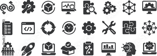 Collection of Business and Technology Icons in Various Shape and Style for Corporate and Development Concept Isolated on Transparent Background with Black Color Symbol Design Elements